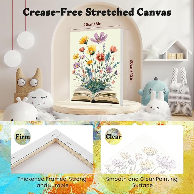4 Pack Book Paint by Numbers for Adults with Framed Canvas - Wooden Easel | Book Paint by Number for Beginners, Flowers Acrylic Oil Painting on Canvas with Brushes for Home Wall Decor (8x12 inch)