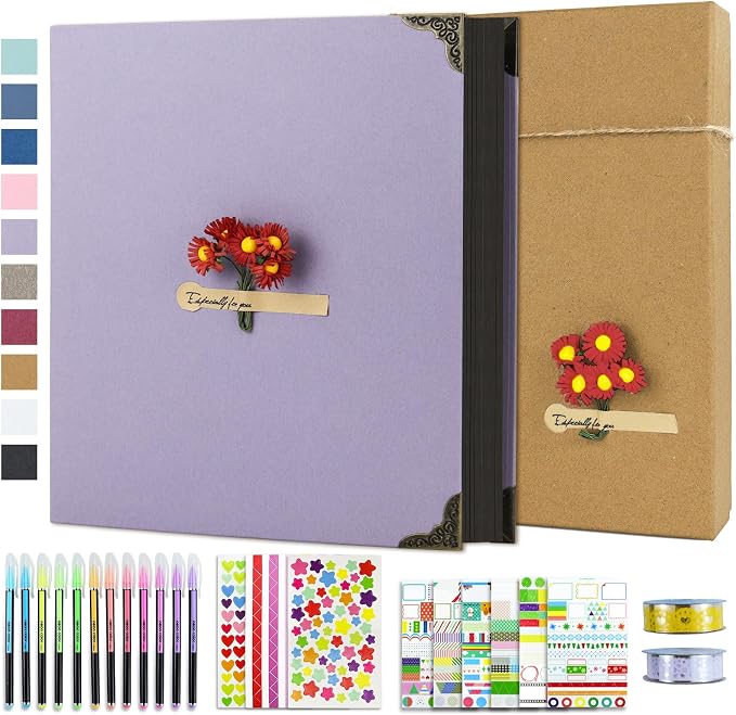Vienrose DIY Scrapbook Photo Album Kit,12x12 Inch,60 Pages,Light Purple | 30 Sheets,Hardcover,3-Ring Removable Black Paper,Pens,Tapes,Stickers,Gift for Lover Friends Kids Wedding Valentine's