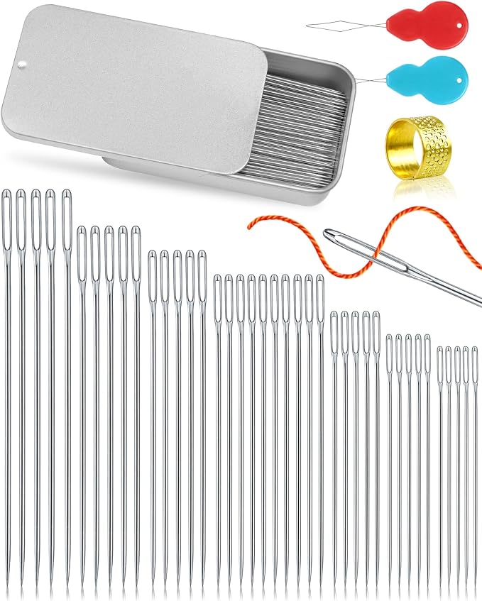 FIVEIZERO 80/40 PCS Premium Stainless Steel Sewing Needles, 7 Sizes Large Eye Sewing Sharp Needles, Leather Needle Embroidery Thread Needle with Threaders for Handsewing Art Crafts