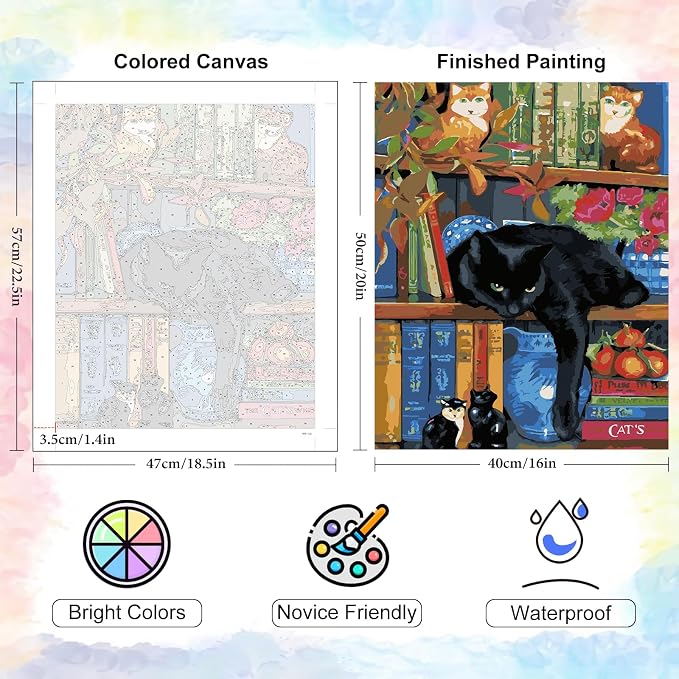 Yezavesu Black Cat Paint by Numbers Kit for Adults Without Frame 16x20 in | Bookshelf Paint by Numbers for Adults Beginner, Funny DIY Acrylic Painting, Stress Relief Craft Kits, Home Wall Decor Gift