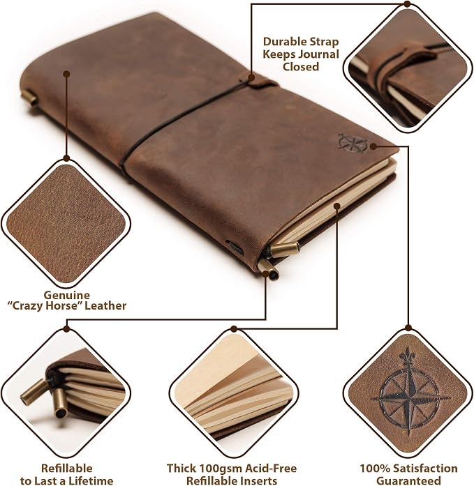 Wanderings Standard Size Travelers Notebook/Handcrafted Genuine Leather Journal - 4.75" x 8.5" (12 x 22cm) - Refillable Travel Journal - 100 GSM Blank Inserts