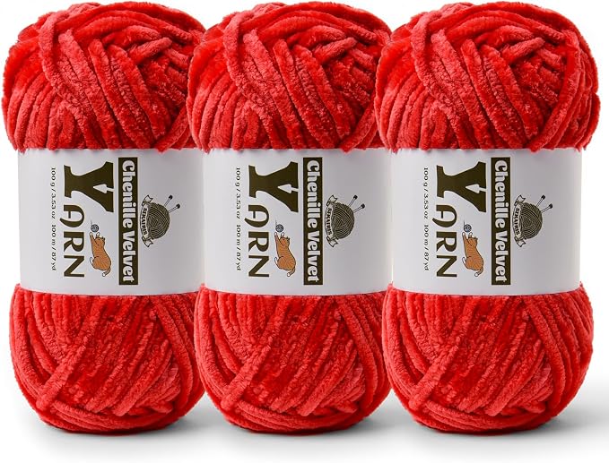 Chenille Crochet Red Yarn 3 Pack