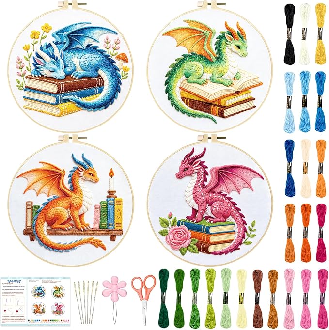 BEUNITONE 4 Set Embroidery Kits for Beginners with Dragon Pre-Print Patterns, DIY Craft Kits Include Instructions and 2 Embroidery Hoops, Cross Stitch Needlepoint Kits for Craft Lover and Home Decor