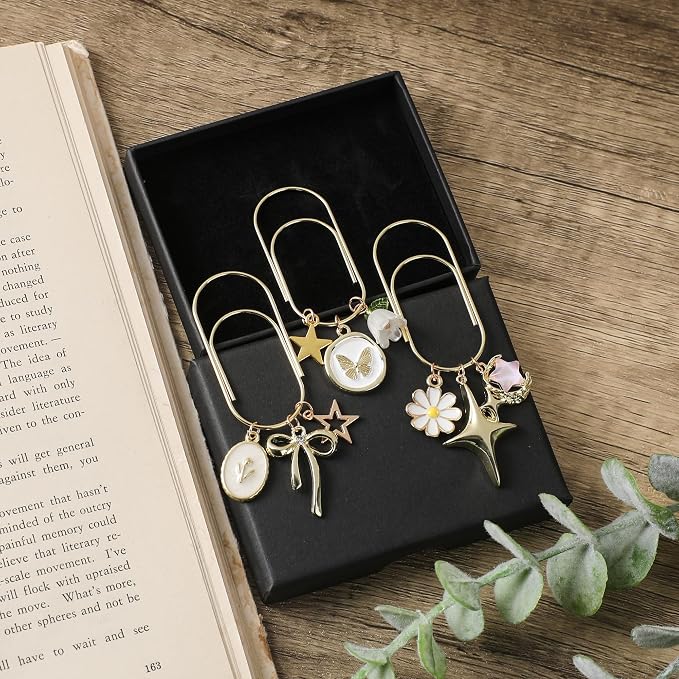Charm Metal Bookmark Gift - 3 PCs Cute Bow Butterfly Flower Star Paperclip Book Mark Large Unique Aesthetic Page Marker Planner Paper Clip Reading Lover Women Girl Birthday School Supplies