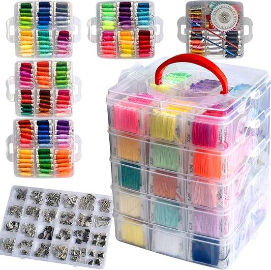 301 Embroidery Floss Set Including Cross Stitch Threads Friendship Bracelet String with 5-Tier Transparent Box, Floss Bobbins and Cross Stitch Kits