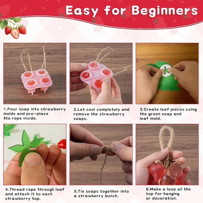 Strawberry Silicone Soap Mold Kit, DIY Soap Making Set with 2 Strawberry Molds, 3 Leaf Molds, Twine & Threaders, Handmade Soap Supplies for Crafts, Gifts & Beginners