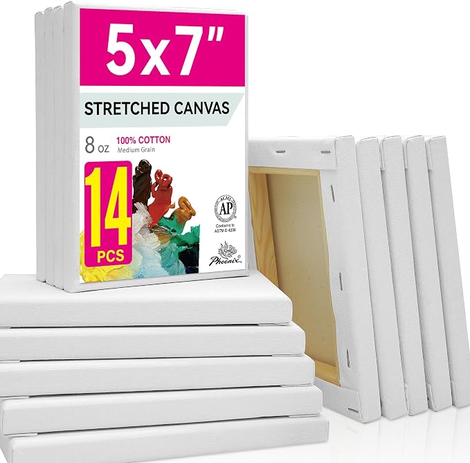 PHOENIX Stretched Canvas for Painting 5x7 Inch/14 Bulk Pack, 8 Oz Triple Primed 5/8 Inch Profile 100% Cotton White Blank Canvas, Small Framed Canvas for Oil Acrylic & Pouring Art