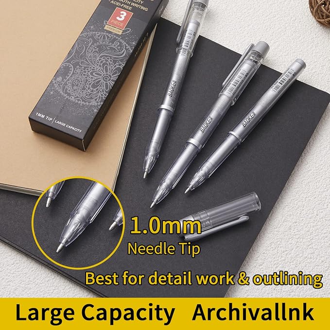 Qionew Silver Gel Pens, 3 Pack, Silver Gel Ink Pen Set for Art Highlight
