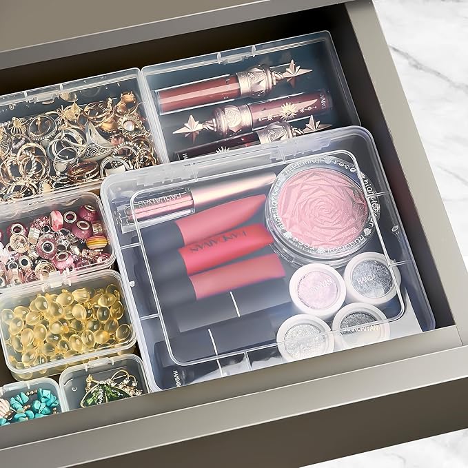 Clear Small Plastic Storage Containers with Lids, 7 Pack | Rectangular Mixed Sizes Mini Bins, Art Craft Supply Storage Boxes, Drawer Organizer with Lid, For Small Items Organizing