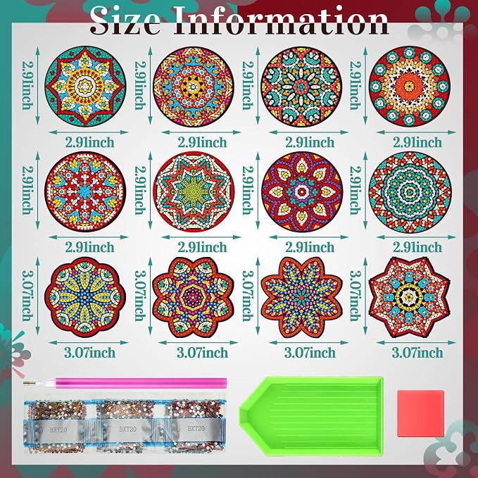 Zonon 12 Pcs Mandala Diamond Art Fridge Magnets Decorative | Colorful Mandala Patterns for Refrigerator, Diamond Painting Magnetic Stickers, Easy Apply Remove, Adults Home Decor