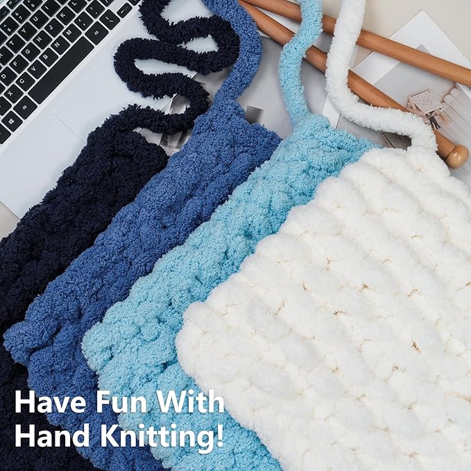 Cozyful Chunky Yarn for Hand Knitting - #10 Chunky Chenille Yarn, Jumbo Big Thick Chunky Yarns for Crocheting, Super Bulky Chunky Knit Blanket Yarns, 8 Skein (22yd, 8oz/Skein), Cream & Multi Blue