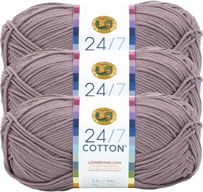 Lion Brand Yarn, 24/7 Cotton Mercerized Lightweight Yarn for Knitting, Crochet, and Crafts, Vintage Lilac, 3 Pack, 185 Yards of Natural Fiber for Breathable Tops, Durable Bags, Easy-Care Dish Cloths