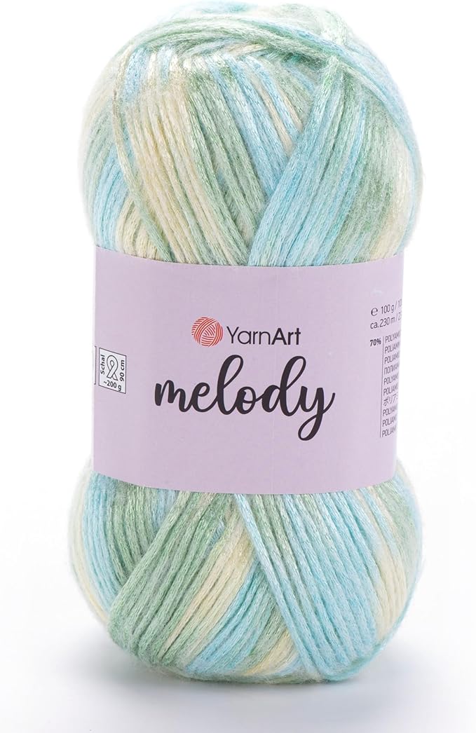 YarnArt Melody Variegated Chainette – Metallic Sheen Fiber for Knitting, Crochet & Embroidery, 100g (3.5 oz) Skein, 230m (251 yd), Premium Blend of 70% Polyamide 21% Acrylic 9% Wool (909)