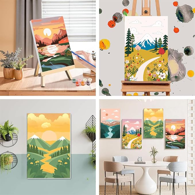 4 Pack Scenery Paint by Numbers for Adults with Frame Canvas - Wooden Easel | Landscape Paint by Number for Beginners, Easy Acrylic Oil Painting Kits with Brushes for Home Wall Decor (8x12 inch)