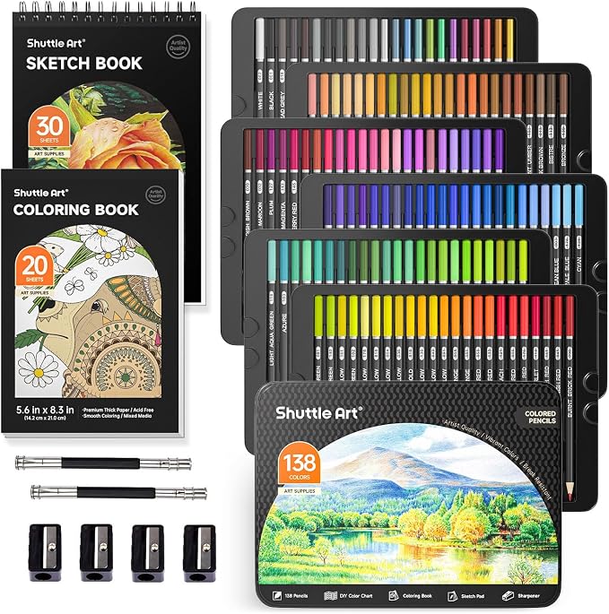 Shuttle Art 138 Colored Pencils for Adults, Soft Core Coloring Pencils Set with 1 Coloring Book,1 Sketch Pad, 4 Sharpener, 2 Pencil Extender, Perfect for Artists Kids Adults, Drawing