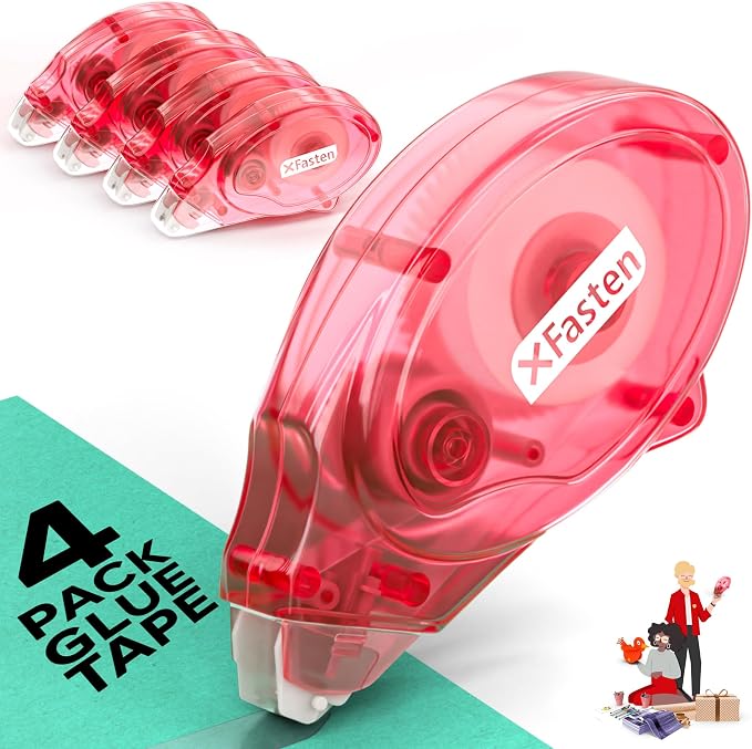 XFasten Glue Tape Roller Runner Pink, Photo-Safe, Zero-Jamming 0.3-inch x 360-inch (4-Pack, 1440-inches Total) Double Sided Gift Wrap Tape Adhesive for Scrapbooking Bullet Journaling Card Making