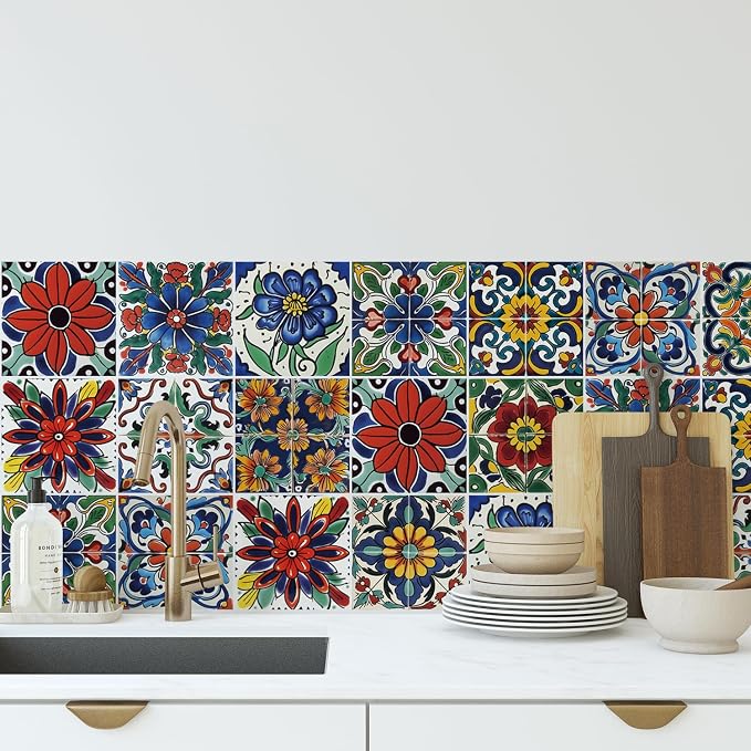 30 Pcs Mediterranean Style Peel and Stick Wall Tile Decals - Waterproof Vinyl Stickers for Kitchen Backsplash, Bathroom, Stair Riser Decor - Spanish Floral Pattern - 4x4 Inch