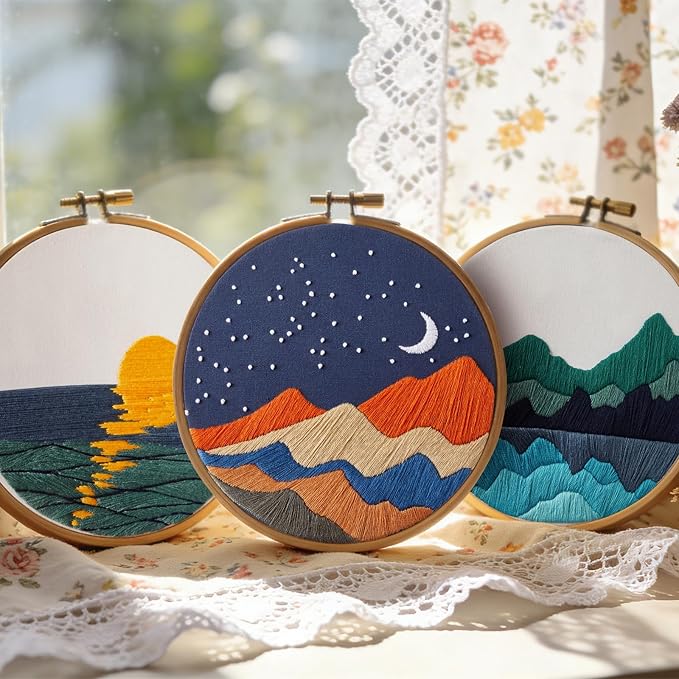 Embroidery Kits for Beginners Adults, Stamped Cross Stitch kits for Adult Beginners Embroidery Starter Kit with Pattern, 3 Embroidery Hoop and Fabric, Needles Threads (Attached Teaching Video QR Code)