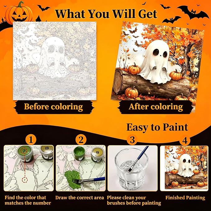 Arttoplus Halloween Framed Paint by Numbers Kit for Adults 10x10inch, Ghost | Adult Paint by Number Kits on Canvas with Easel for Beginner & Kids Ages 8-12, Easy Acrylic Oil Painting Kits for Home Decor