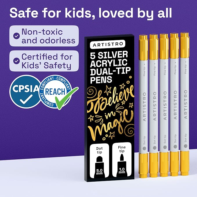 ARTISTRO Gold Dual-Tip Acrylic Paint Marker Pens - Set of 5 | For Fabric, Rock, Glass, Wood, & Coloring Books, Arts & Crafts Gift, Classroom Must Haves & School Supplies (Dot & Fine Tips)