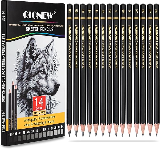 Qionew Professional Sketching Pencil for Drawing,14 Pack, Graphite Pencils | Drawing Sketching Pencil Set, 12B-5H, Art Pencils for Drawing and Shading, Sketching, Ideal for Beginners & Pro Artists