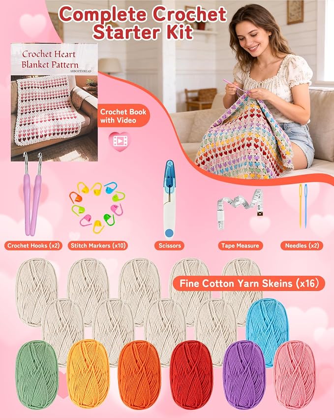 Arborthread Blanket Crochet Kit for Beginners, Crochet Heart Blanket Kit w/Premium Yarns, Detailed Video & Instructions for Adults & Kids – Featuring a Colorful Rainbow Heart Pattern and Edging