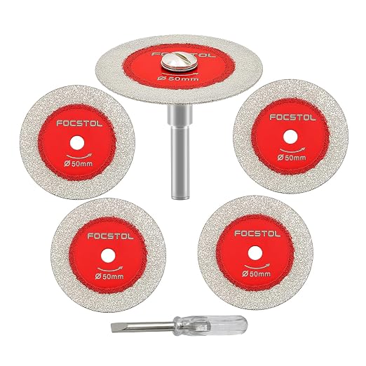 Mini Diamond Glass Cutting Disc - FOCSTOL 5pcs 2 Inch(50mm) Blade and 1pc 1/4 Inch(6mm) Round Shank for Glass Jade Marble Granite Artificial Stone Porcelain Tile Ceramic