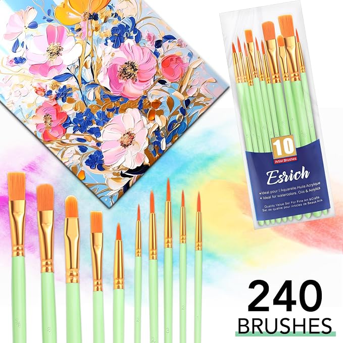 ESRICH 240PCS Paint Brushes, Paint Brush for Acrylic Painting | Artist Paintbrushes for Oil Watercolor, Body Face Rock Canvas, Small Paint Brushes for Kids, Green