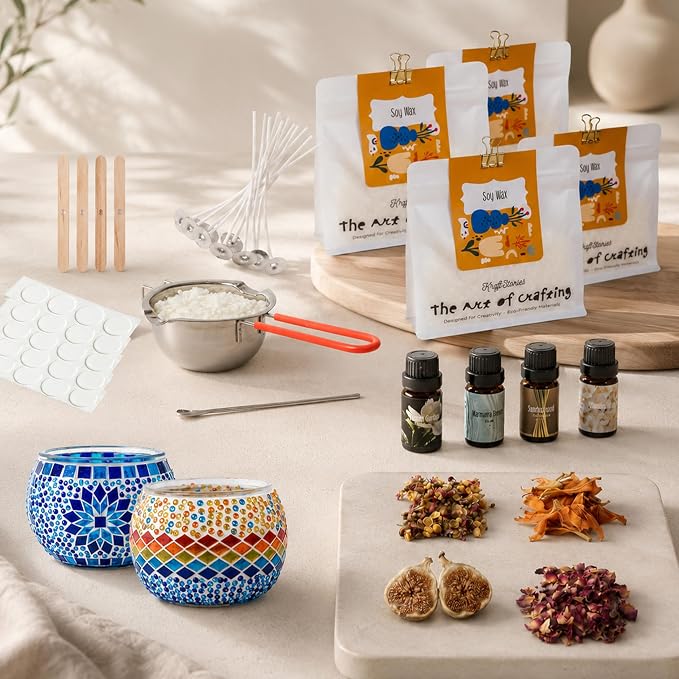 Candle Making Kit for Adults – DIY Candle Making Set with Natural Soy Wax, Wicks, Essential Oils, Dried Flowers & 2 Turkish Mosaic Glass Jars – Makes 2 Candles – Arts & Crafts Gift for Women