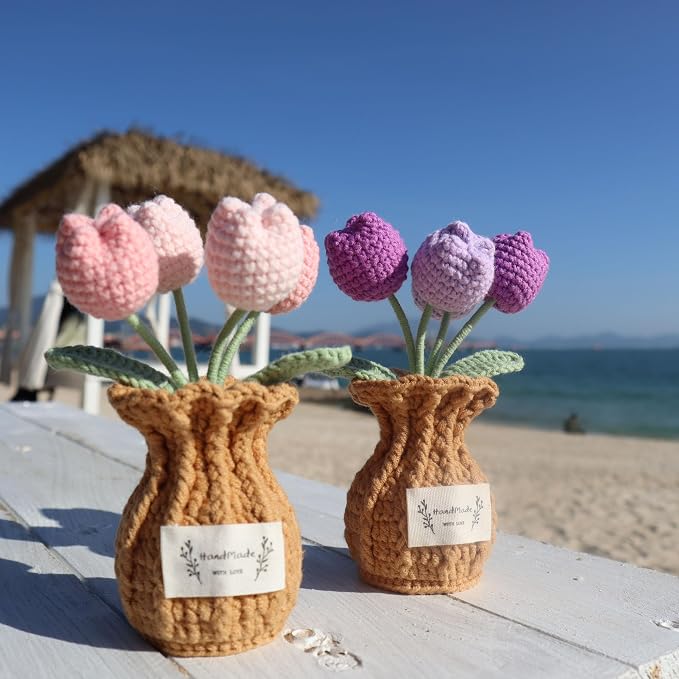 Tulip Crochet Flower Potted Plant Handmade Desk Decor Gift