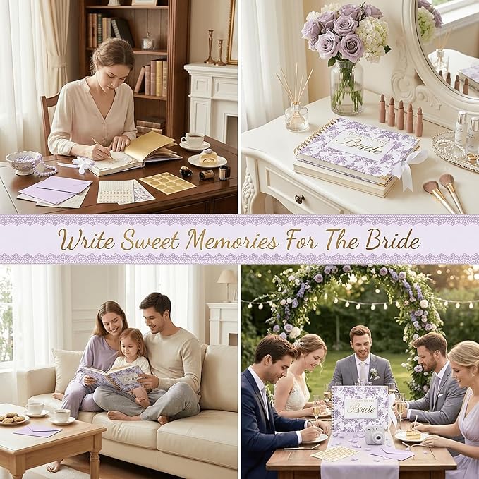 Ratutodax Letters to The Bride Scrapbook Kit,10"x8" DIY Wedding Guest Book | Purple Floral;Lay-flat gold coil design;50 blank pages of 180gsm;Fits 5" x 7" photos;160+ accessories;Bridal Shower Gift