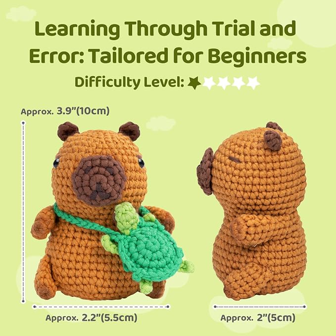 Mewaii Capybara Crochet Kit for Beginners, 40% Extra Yarn | Video Tutorial, Pre-Started Piece, Gift Box, Level 1 Starter Kit, Family Craft for Adults, Kids & Beginners