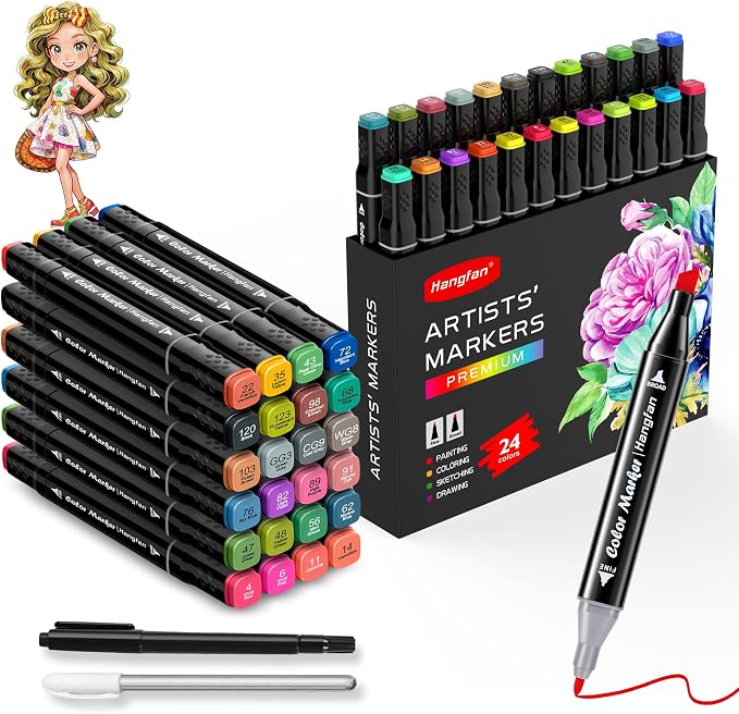 24 Colors Alcohol Markers, Dual Tip Art Markers, Perfect for Beginner, Drawing, Sketching, Illustration