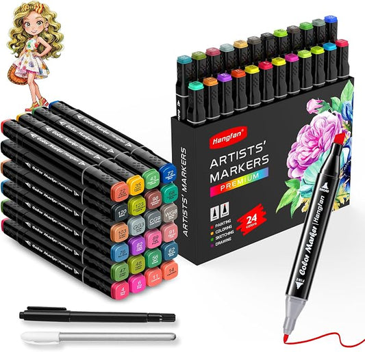 24 Colors Alcohol Markers, Dual Tip Art Markers, Perfect for Beginner, Drawing, Sketching, Illustration