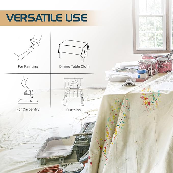 Canvas Drop Cloth 9x12 Ft, Drop Cloth for Painting, 1 Pack | Washable and Reusable, Canvas Fabric, Furniture & Floor Protection, Highly Absorbent, Duck Dropcloth