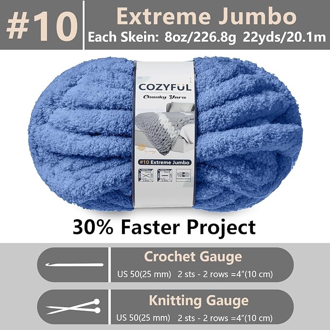 Cozyful Chunky Yarn for Hand Knitting - #10 Chunky Chenille Yarn, Jumbo Big Thick Chunky Yarns for Crocheting, Super Bulky Chunky Knit Blanket Yarns, 8 Skein (22 yds 8 oz Each Skein), Country Blue