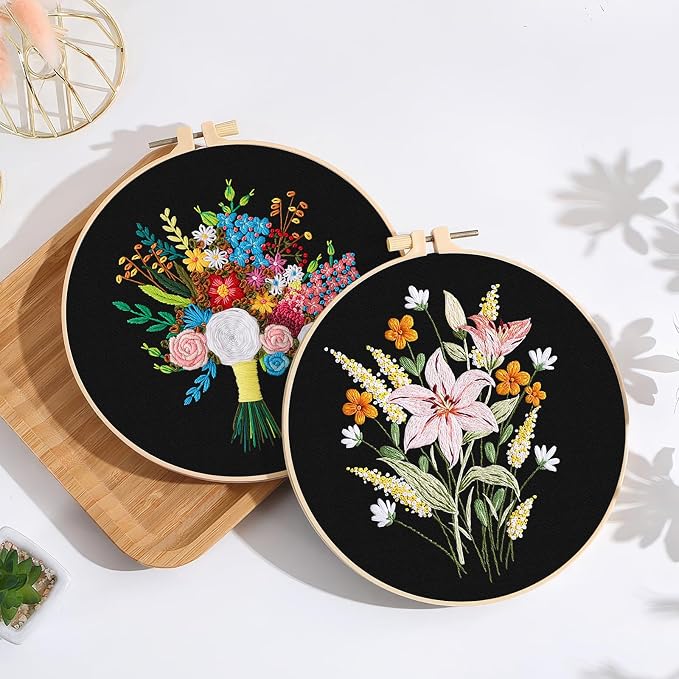 ERKOON 4 Sets Embroidery Kit, Floral Cross Stitch Set for Include Embroidery Cloth Hoops Threads for Craft Lover Hand Stitch(Floral)