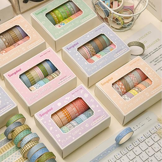 20 Rolls Basic Washi Tape Set Japanese Arts Adhesive Tapes Simple Patterns Decorative Masking Tape Sets for Craft, Kids, Scrapbook, DIY, Gift Wrapping (Style Five)