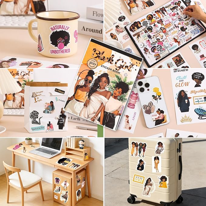 Black Girl Decal Sticker Book for Water Bottle: 260+ WaterProof Vinyl Motivational Stickers for Black Teen Girls & Women, 24 Pages for Journaling, Scrapbooking, Laptop, Self-Care & Inspirational Decor