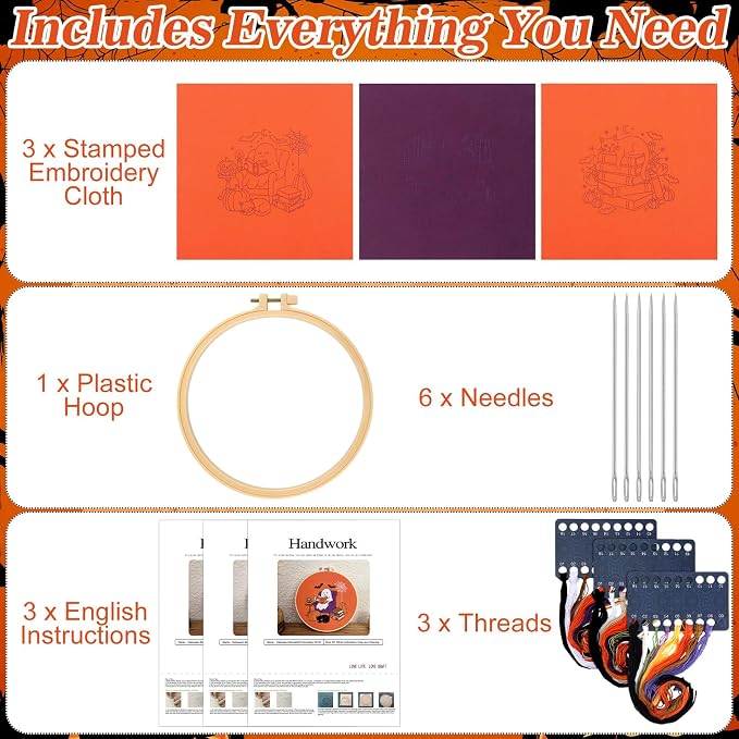 Mindsoft 3 Set Needlepoint Kit for Beginners with Hoop,Halloween Booklover | Bamboo Hoop Thread Needles Instructions, Easy Hand Embroidery for Beginners Home Crafts,Pre-stamped Funny Cute Designs