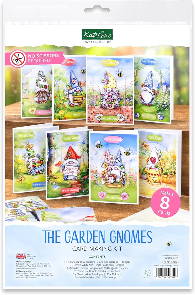 Katy Sue The Garden Gnomes Card Making Kit. Makes 8 Cards at 5 x 7 Inches. Contains Gnome Die-Cut Decoupage, Background Scenes, Cards, Envelopes & Foam Pads for Card Making Supplies. UK-Made.