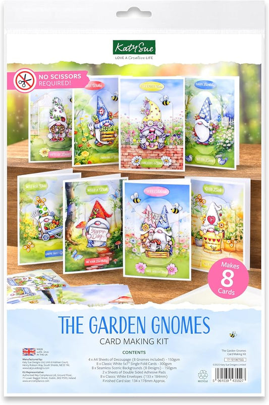 Katy Sue The Garden Gnomes Card Making Kit. Makes 8 Cards at 5 x 7 Inches. Contains Gnome Die-Cut Decoupage, Background Scenes, Cards, Envelopes & Foam Pads for Card Making Supplies. UK-Made.