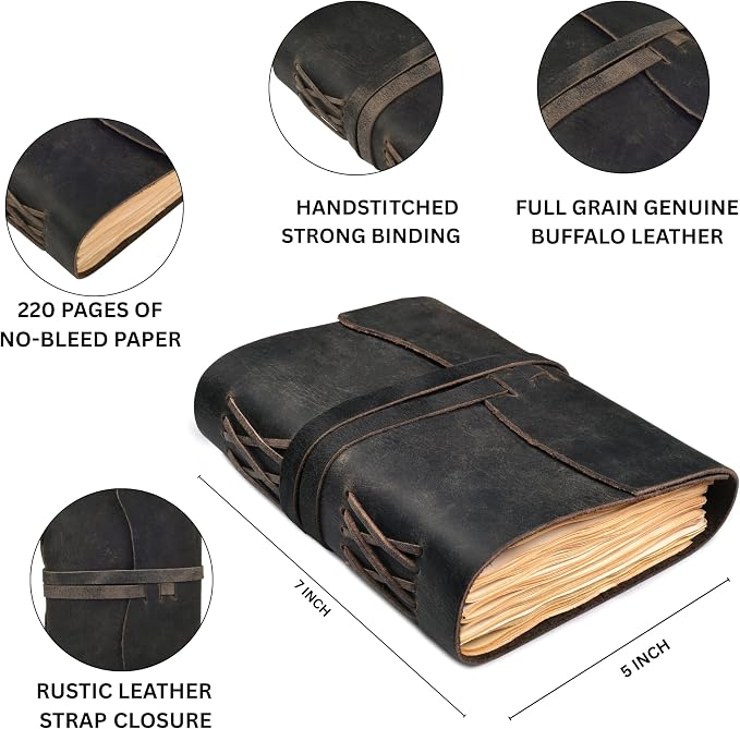 LEATHER VILLAGE Leather Journals For Women Edge Cut, Slate Grey 7x5.