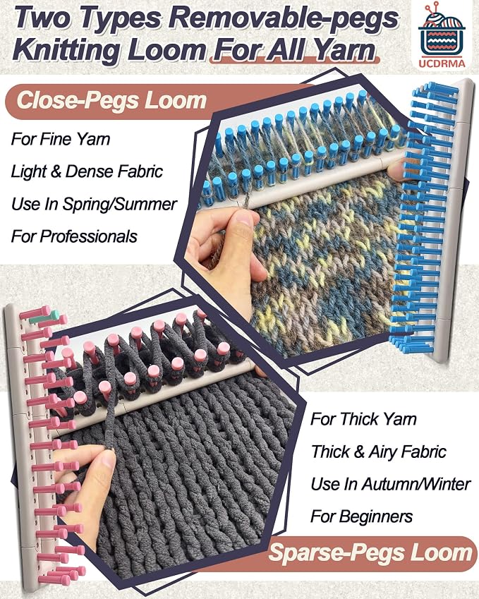 UCDRMA Upgraded Large Adjustable Loom Knitting Kit with Removable-pegs, Up to 132 Sizes & Shapes Weaving Knitting Loom for Blankets/Scarves/Hats, Beginners Infinity Crochet Loom Kit with Instructions