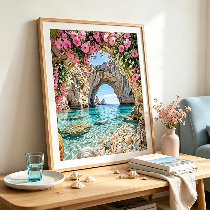 Ocean Flower Diamond Painting Kits for Adults, Landscape Diamond Art Kits | DIY Full Round Drill Gem Painting Coastal Beach Paint by Diamonds Relaxing Craft for Home Wall Decor 12x16In