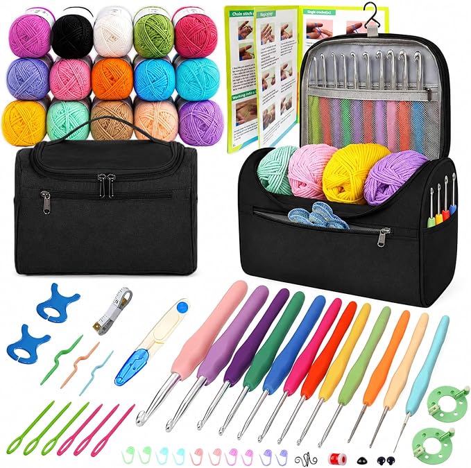Yarniss Crochet Kits with Yarn,Beginners Crochet Kit for Adult,Black | 1120 Yards Yarn&12 Size Ergonomic Crochet Hooks 0.8~8.0mm,Learn to Crochet with Step by Step Video Tutorial