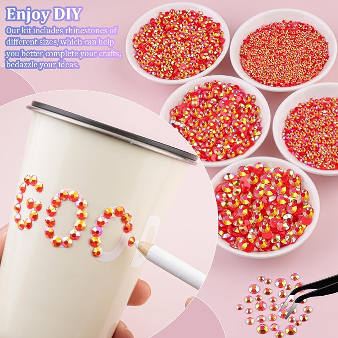 30000Pcs Resin Rhinestones for Bedazzling with Tweezers, Red AB Rhinestones for Crafting with 3Pcs 10ml B7000 Jewelry Glue for DIY Crafts Clothing Tumblers Shoes Fabric Nail Art