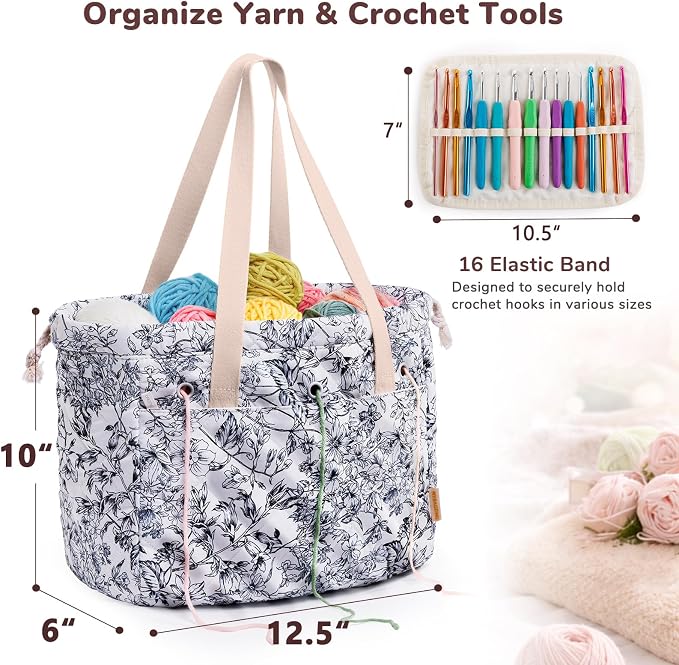 MYBAGZING Portable Crochet Bag Organizer with Crochet Hook Organizer Roll, Quilted Yarn Storage Tote with Grommets, Knitting Project Bag for Yarn & Accessories, Floral Craft Tote Gift for Crocheters