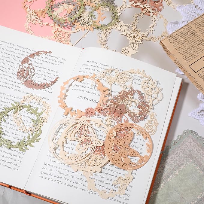 40 Pcs Vintage Flower Scrapbook Paper Lace Cutouts, Decorative Artistic Butterfly Leaf Hollow Out Frame Embellishments Card Making Supplies for Junk Journal DIY Craft Album Planners Decorative Arts