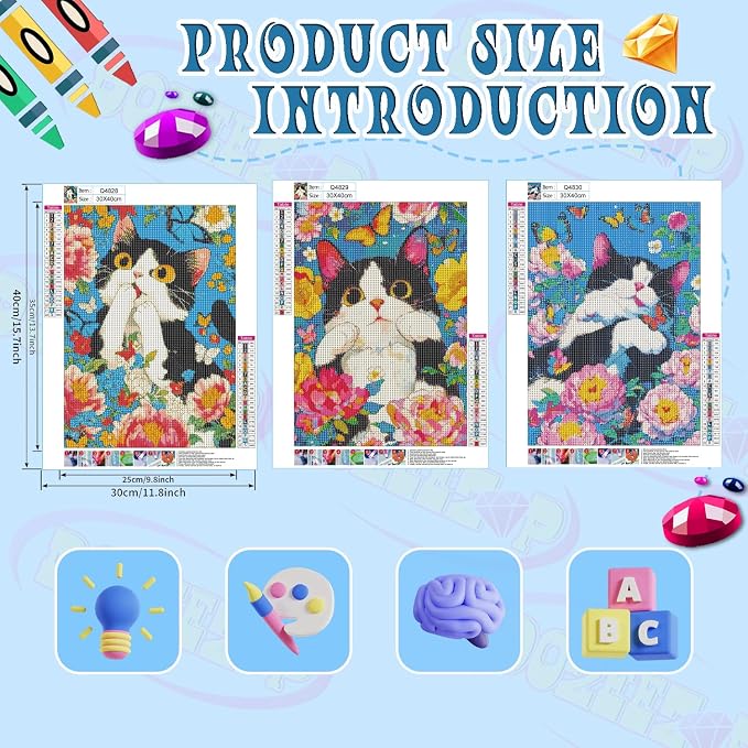 DOZEEZOP 3-Pack Diamond Art Kit for Adults, 5D Diamond Painting 12x16 Inch | Cat pictures, Full Round Drills, Home Wall & Shelf Decor, Beginner-Friendly DIY Craft, Stress Relief, All-Occasion Gift
